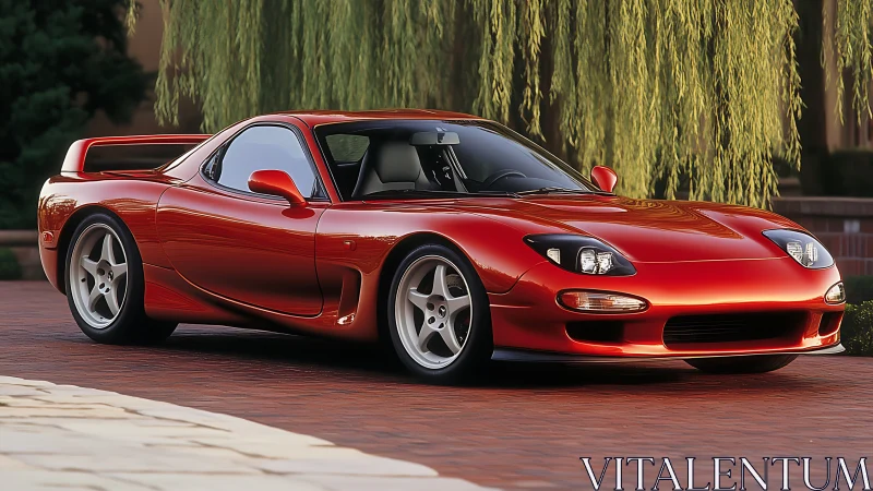 Sleek red sports coupe parked beneath lush willow trees.