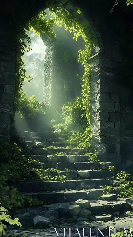 Sunlit stone stairway through ivy-covered ruined archway.