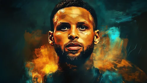 Intense male portrait in vivid teal and amber brushwork.