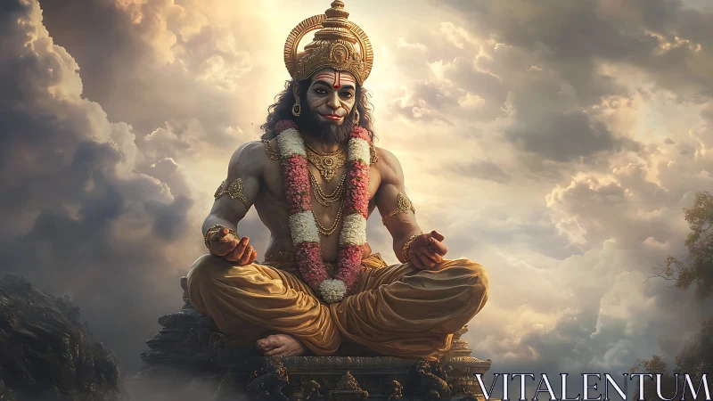 Divine simian deity in serene golden cloud meditation pose.