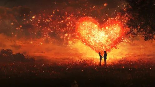 Silhouetted Couple Against Explosive Heart-Shaped Inferno with Particle Dispersion