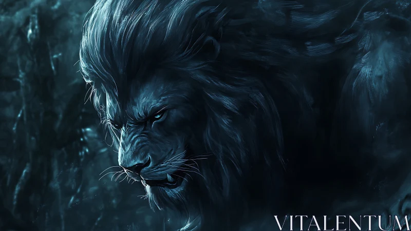 Midnight lion profile in moody teal brushwork focus.