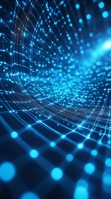 Curved digital grid with glowing blue data particles in motion.