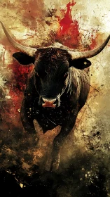 Charging bull erupting through abstract blood and dust storm.