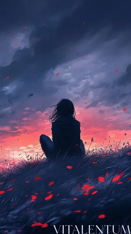 Silhouette of lone figure watching vivid sunset sky.