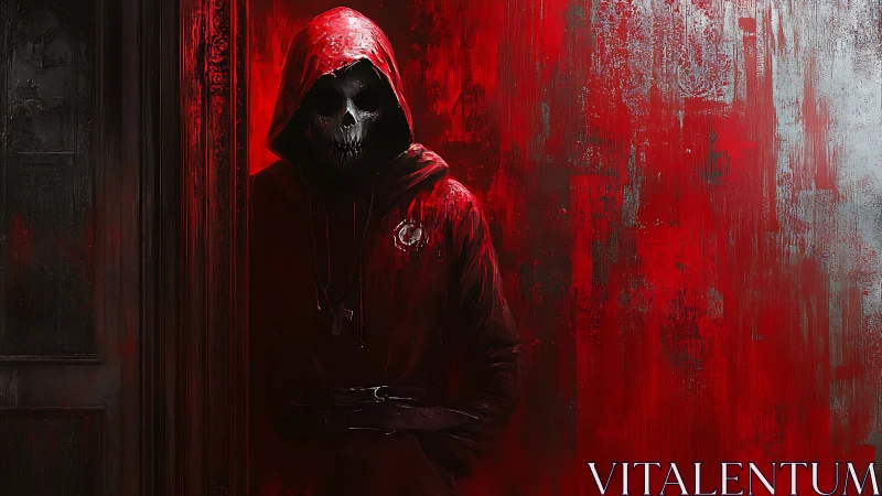 Shadowed skull-hooded figure leans calmly in a red doorway