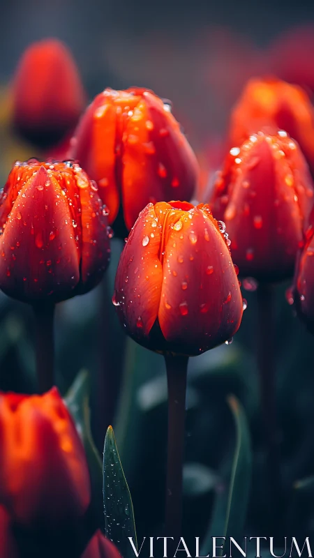 Crimson Tulips Wearing Nature's Jewels in Misty Light