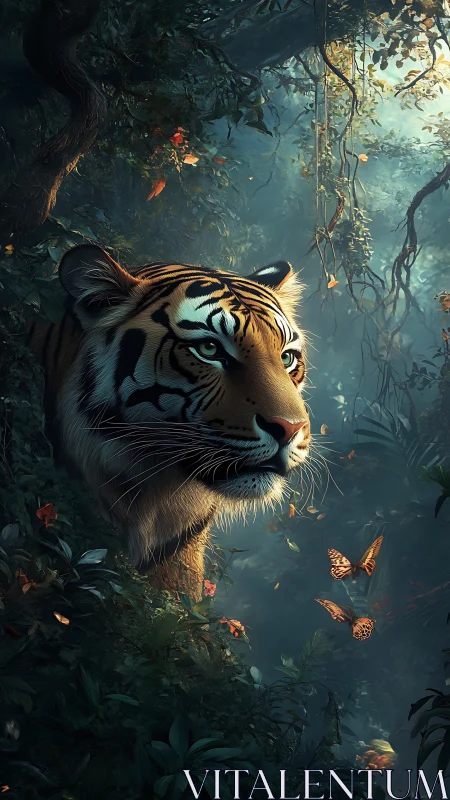 Gentle jungle tiger watching butterflies drift by.