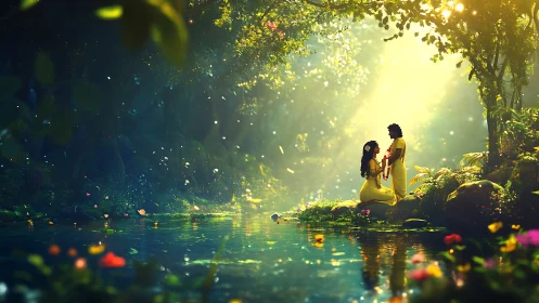 Enchanted Forest Stream with Two Figures in Golden Light.