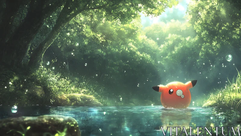 Bulbous Character Rests in Luminous Forest Stream.