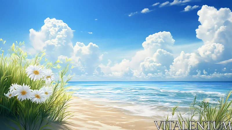 Coastal daisies under cumulus clouds in luminous digital seascape