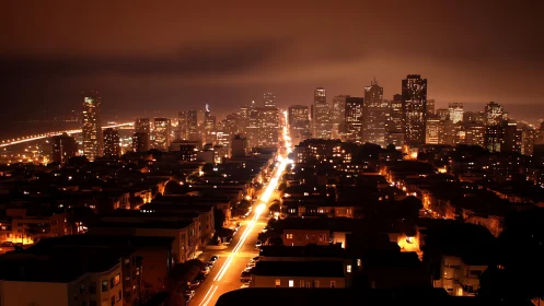 Long-exposure urban skyline with axial light trail convergence.