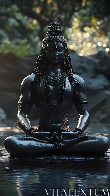 Meditative black statue of serene yogic figure by water.