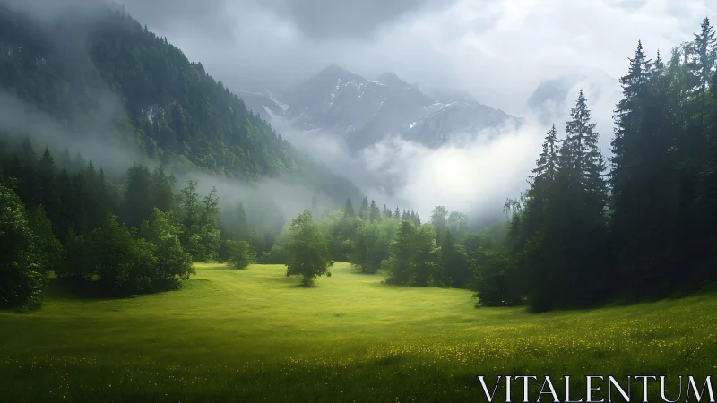 Fog-laden alpine meadow under diffuse mountain backlighting.