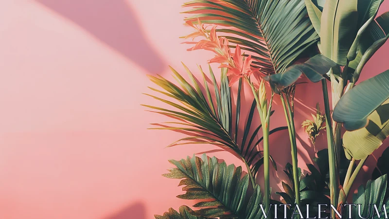 Tropical foliage and flowers against plain pink wall backdrop.