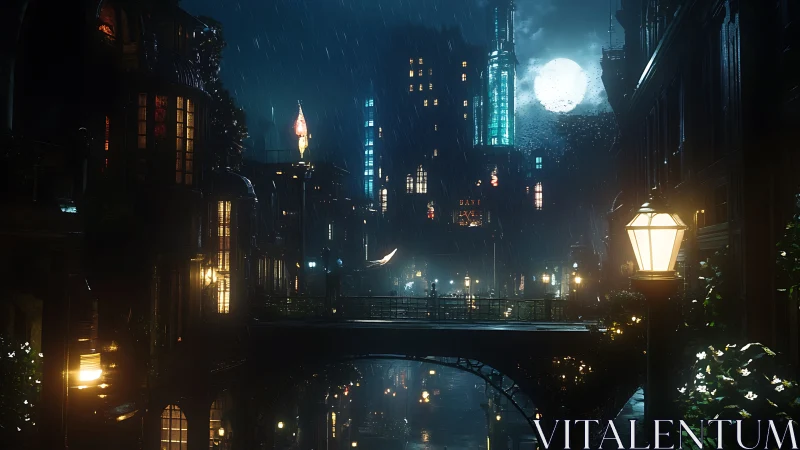 Rain-soaked steampunk city glows under bright full moon