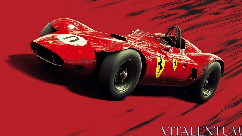 Vintage red race car rockets across bold crimson track.