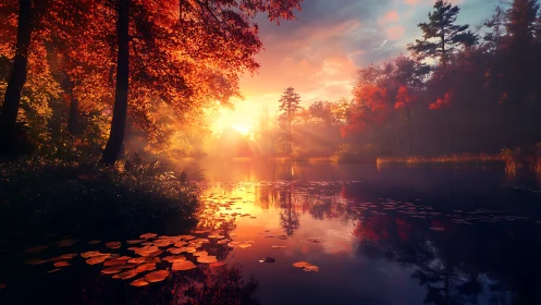 Luminous autumn lake at sunrise with glowing misty reflections.