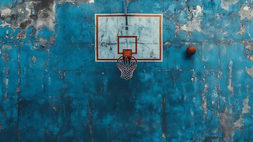 Rusty court daydreams under peeling blue sky-wall.