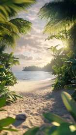 Tropical Beach Paradise Framed by Lush Palm Foliage
