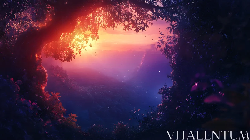 Enchanted valley sunset framed by glowing forest arch.