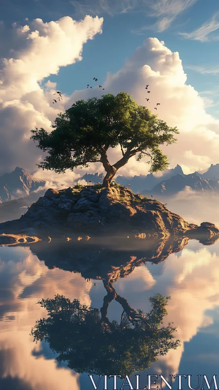 Solitary skyward tree conducts a mirrored lake symphony