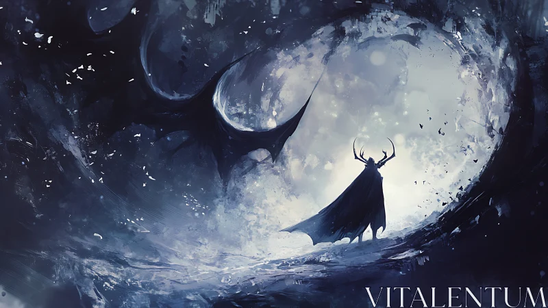 Antlered shadow figure confronts swirling void gateway.