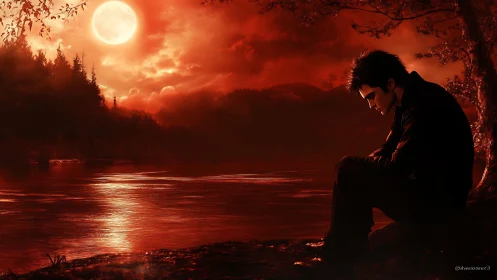 Male figure sits by reflective river under red full moon