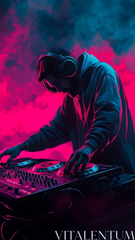 DJ mixing music on neon lit turntables in dense smoke.