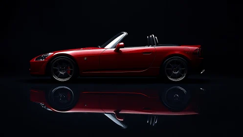 Red convertible sports car in profile on reflective surface.