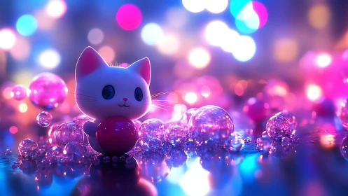 Playful neon kitten toy sparkles amid glowing bokeh orbs