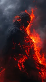 Infernal wraith emerging from volcanic shadowed stormscape.