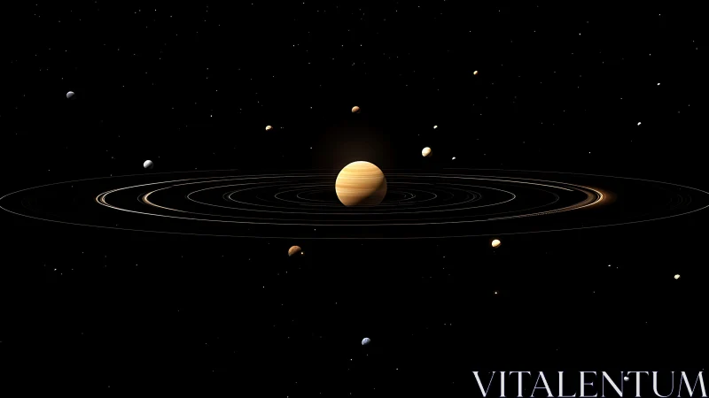 Ringed gas giant with multiple moons in deep space field.