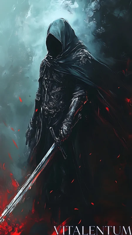 Mysterious hooded warrior standing in swirling crimson fire.