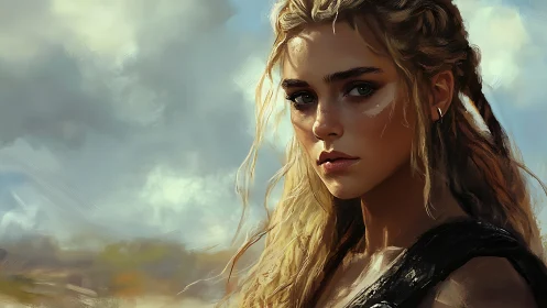 Stormlit warrior portrait captures intense, windblown resolve