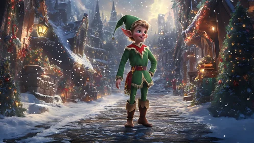 Cheerful Christmas elf strolls through a glowing snowy village