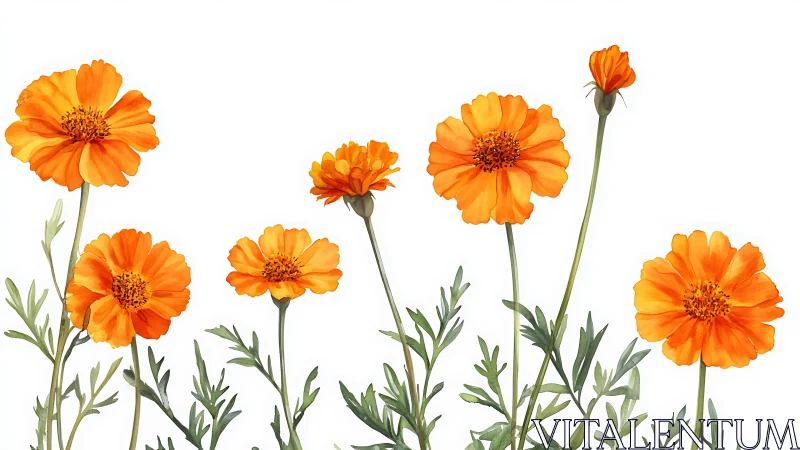 Orange marigold inflorescences rendered in clean botanical watercolor
