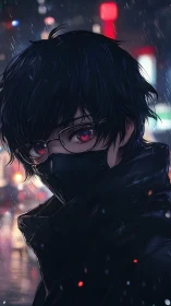 Midnight wanderer with red eyes in a rainy neon city.