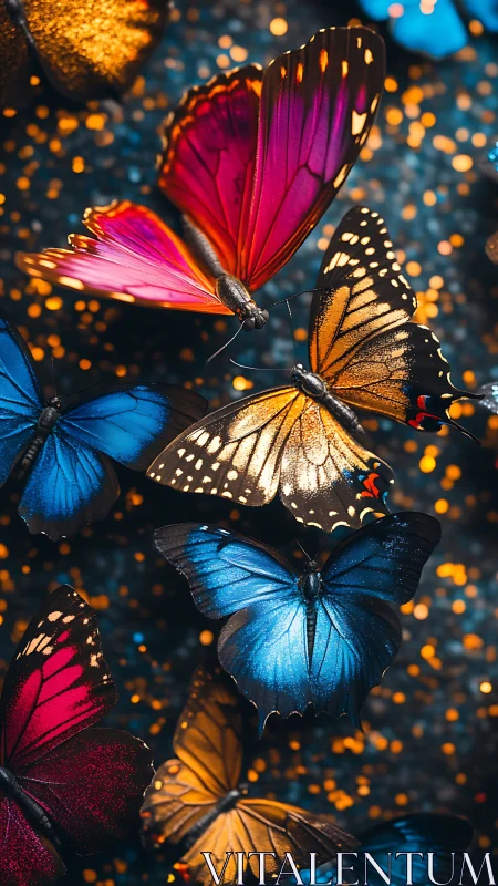 Chromatic butterfly swarm with high-saturation bokeh field.