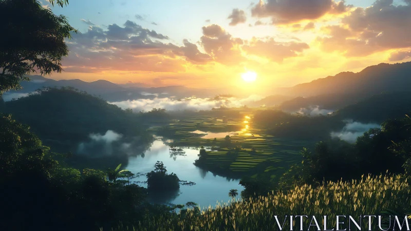 Sunlit mountain valley with reflective rice terraces at dawn.