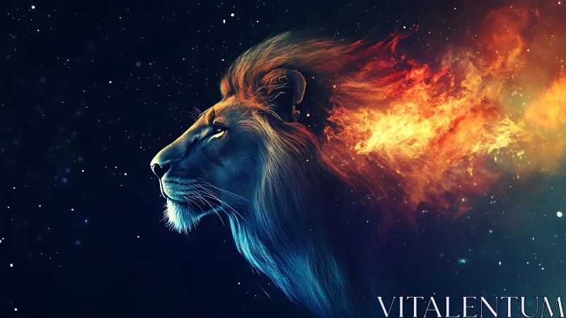 Celestial lion profile with flaming spectral mane in space