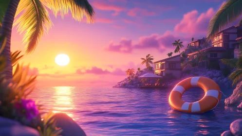 Tropical sunset bay with villas and floating rescue ring.