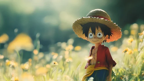Straw-hatted anime boy stands glowing in a dreamy meadow