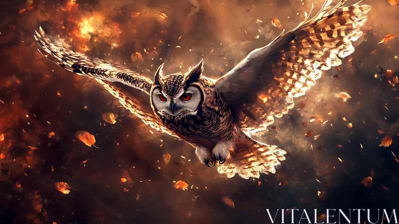 Majestic owl in flight through autumn leaves, digital fantasy art.