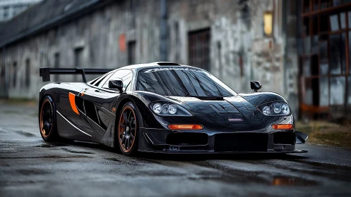 Black track-focused sports car on wet industrial roadway.