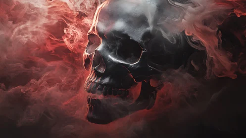 Dark metallic skull emerges through swirling red smoke.