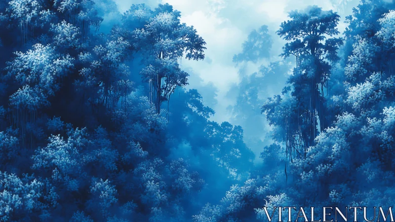 Blue forest canyon with towering trees and atmospheric mist
