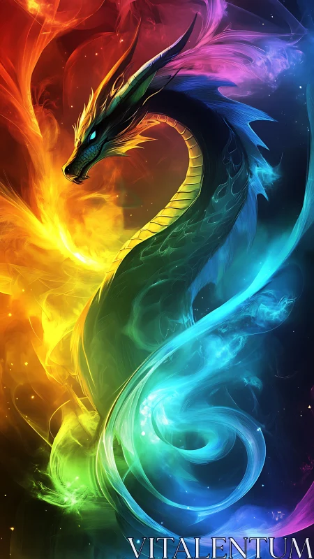 Vibrant elemental dragon wrapped in swirling colored flames.