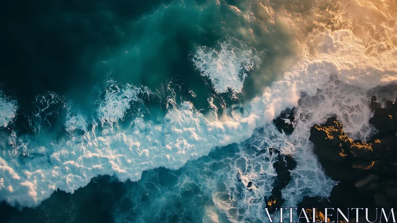 Sunlit surf rolls over rugged shoreline from above.