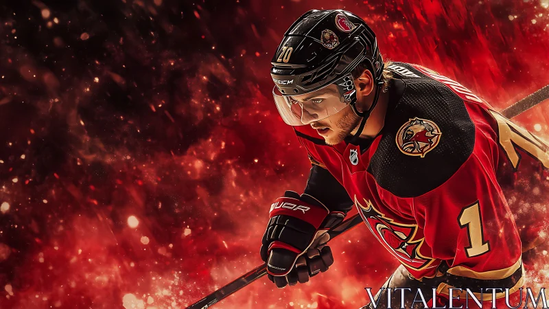 Hockey player charges forward through blazing red energy storm